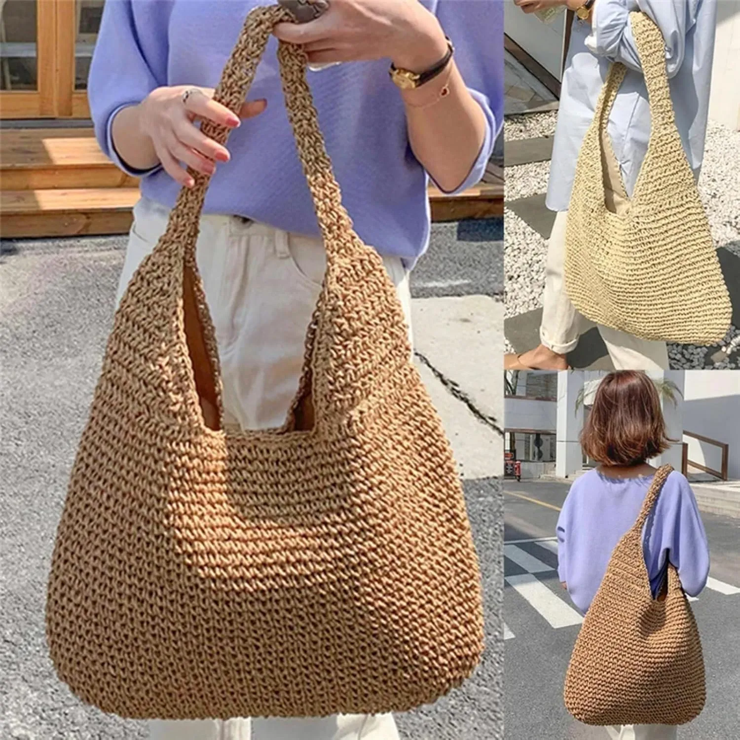 Women's Crossbody BagsCasual Straw Wicker Woven Shoulder Bags Ladies Handmade Totes Large Capacity Summer Beach Bag