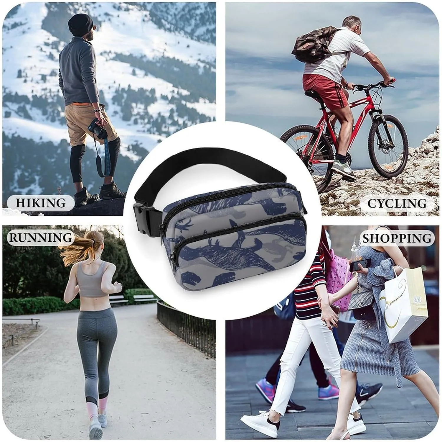 Womens Fanny Pack Waterproof Belt Bag Compatible with Grey Dinosaur for Sports & Outdoor