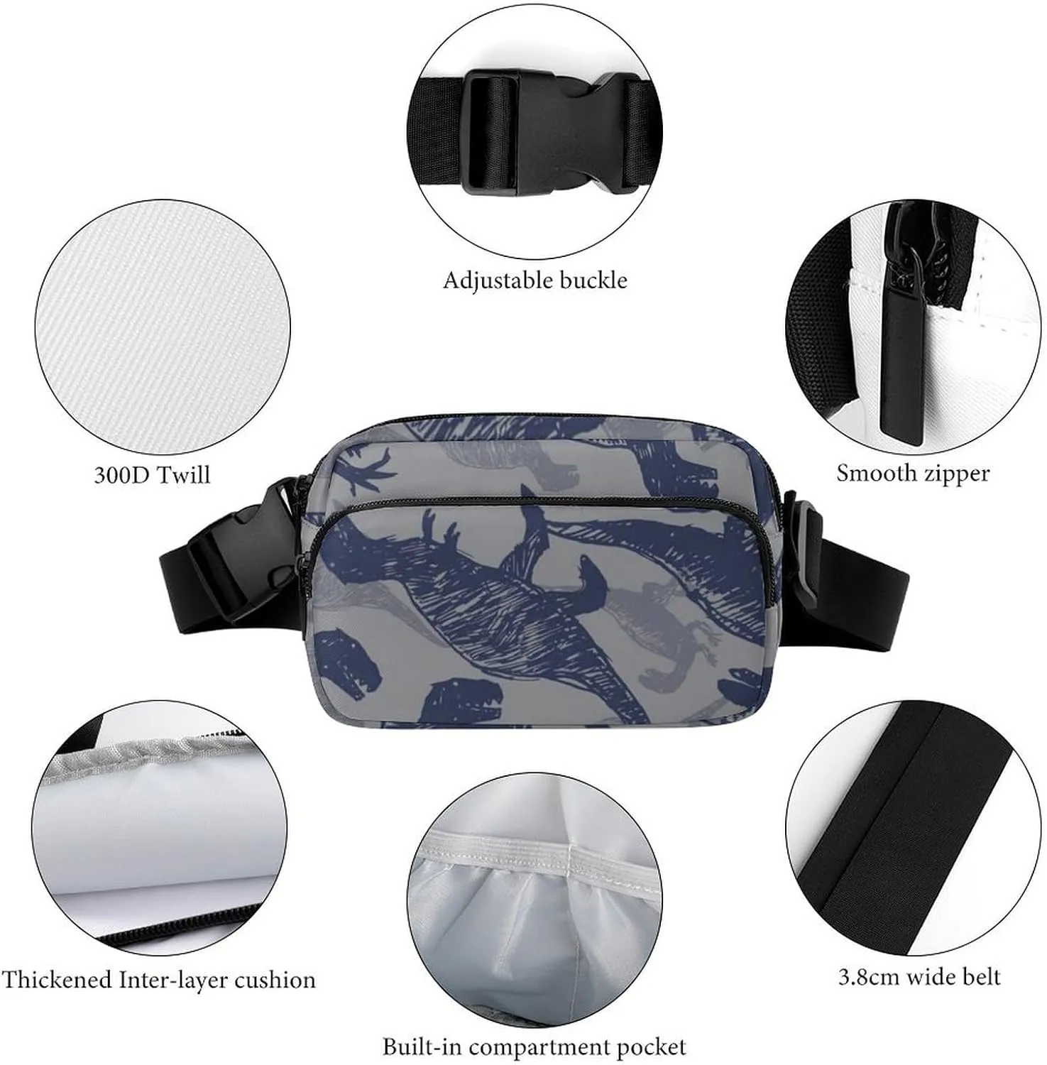 Womens Fanny Pack Waterproof Belt Bag Compatible with Grey Dinosaur for Sports & Outdoor