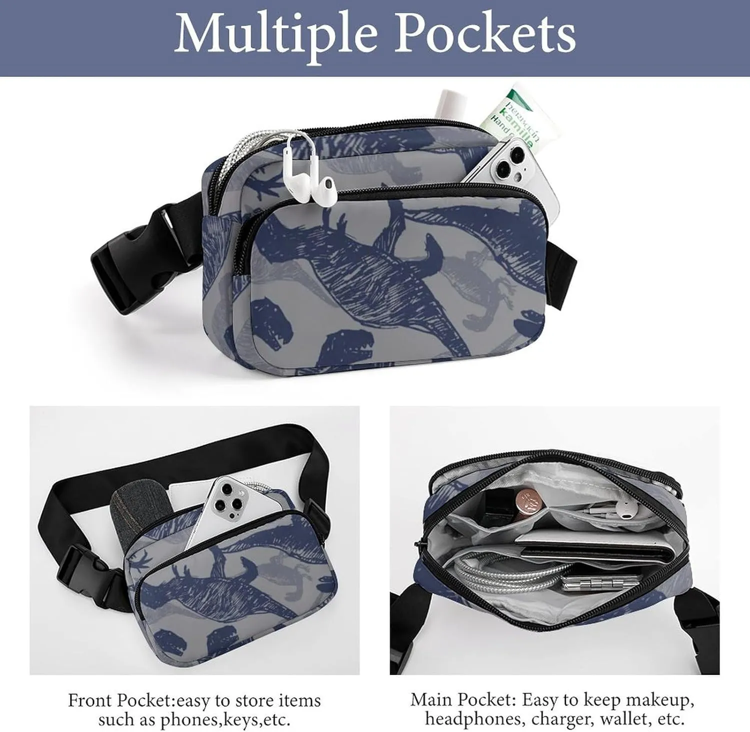 Womens Fanny Pack Waterproof Belt Bag Compatible with Grey Dinosaur for Sports & Outdoor