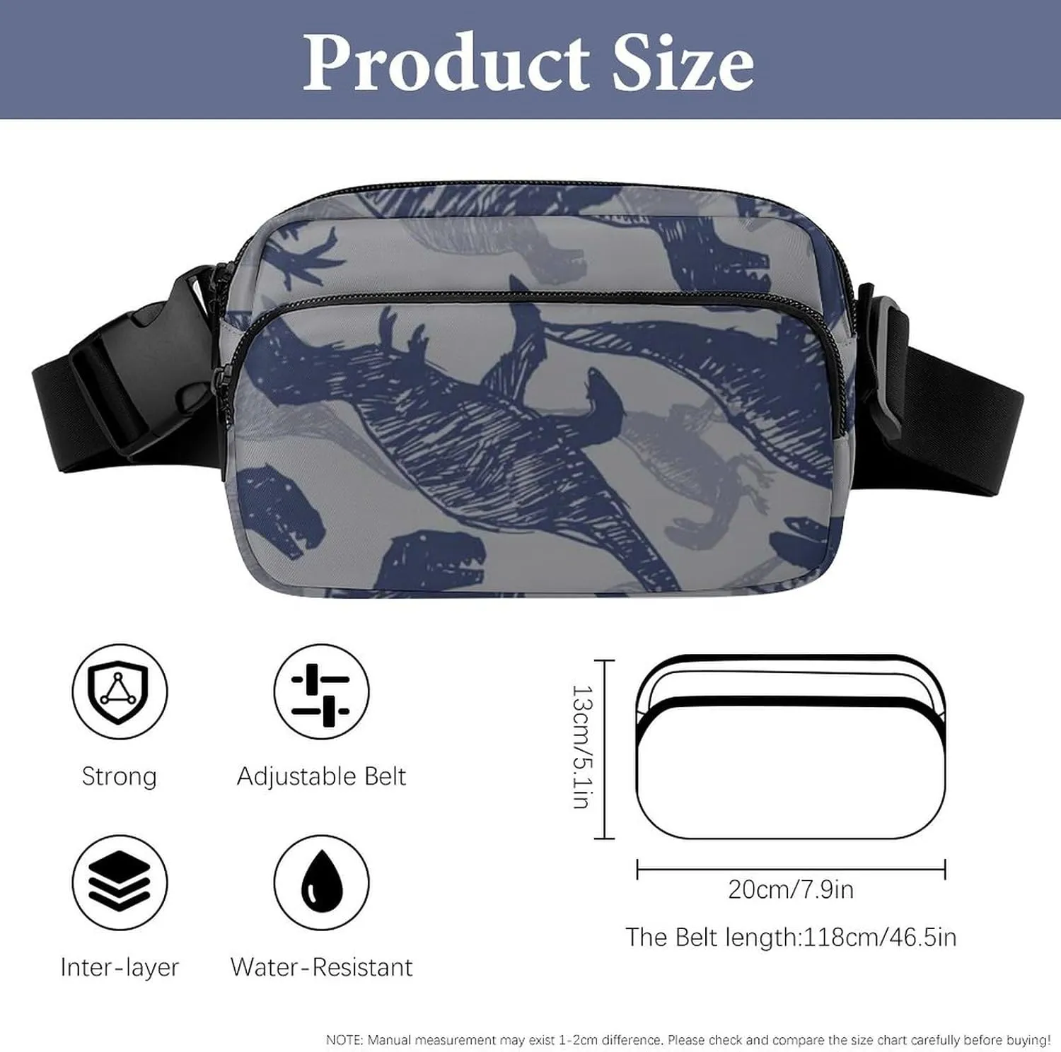 Womens Fanny Pack Waterproof Belt Bag Compatible with Grey Dinosaur for Sports & Outdoor