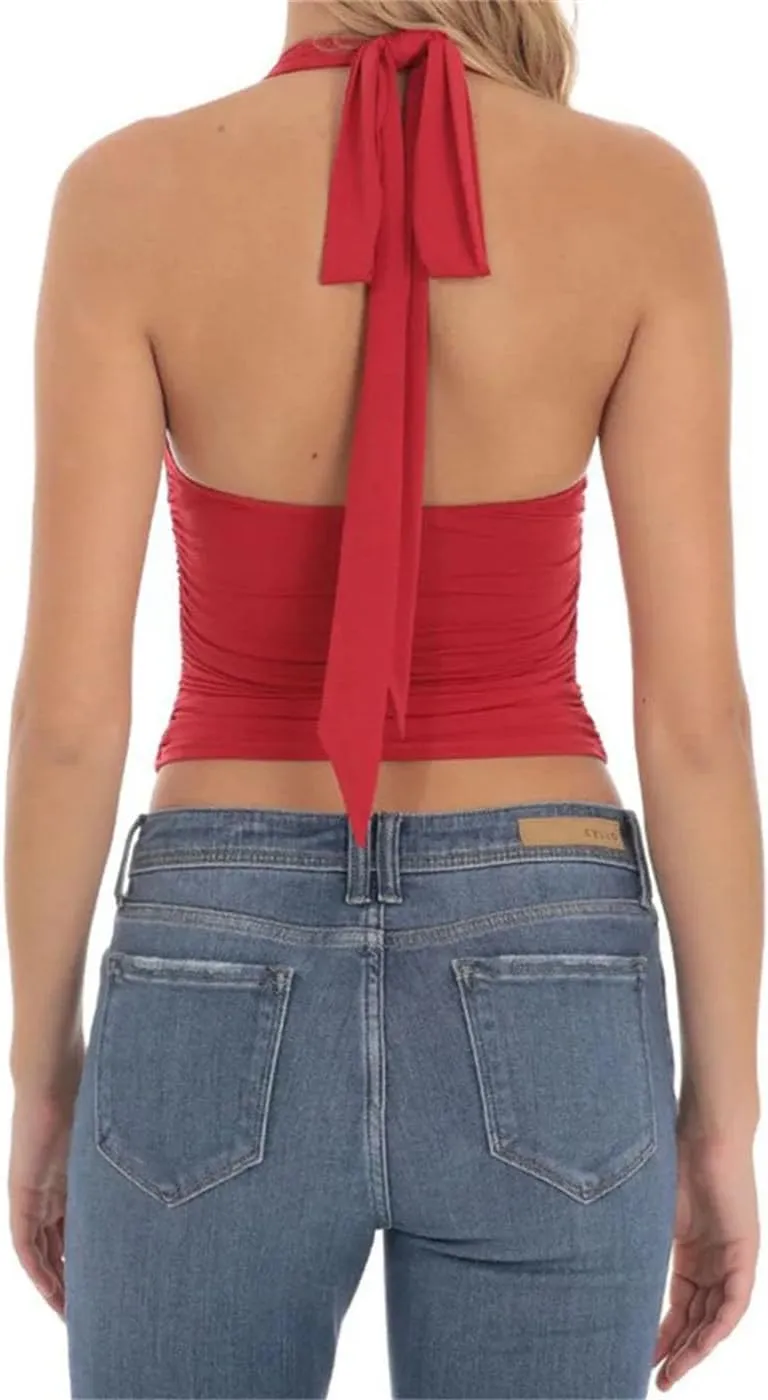 Women's Halter Backless Off-Shoulder Ruched Cropped Vest Solid Color Slim Fit Streetwear Summer Casual