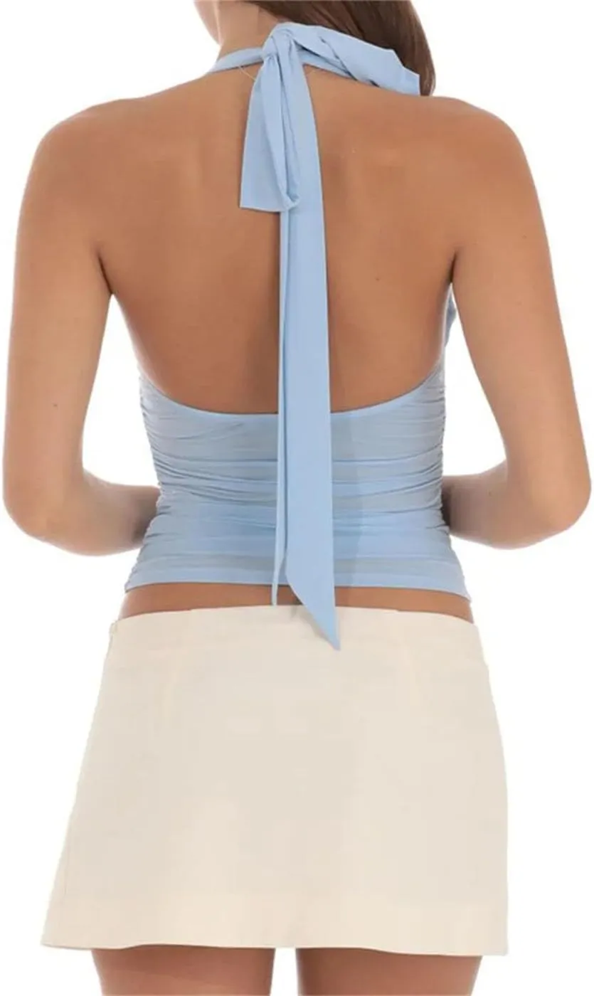 Women's Halter Backless Off-Shoulder Ruched Cropped Vest Solid Color Slim Fit Streetwear Summer Casual