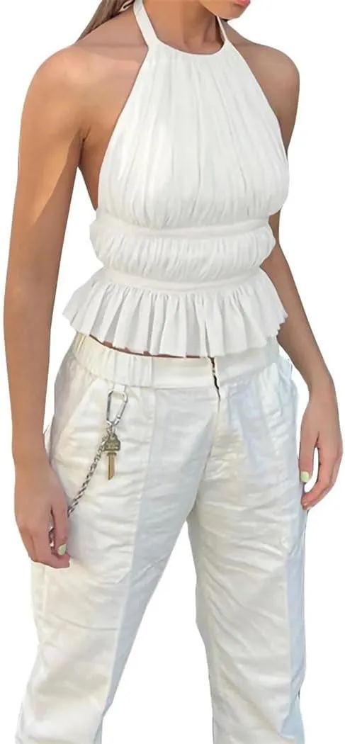 Women's Patchwork Tie-Up Halter Backless Vest Ruffled Trim Sleeveless Summer Casual Beach Cover-Up