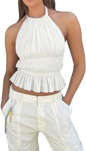 Women's Patchwork Tie-Up Halter Backless Vest Ruffled Trim Sleeveless Summer Casual Beach Cover-Up