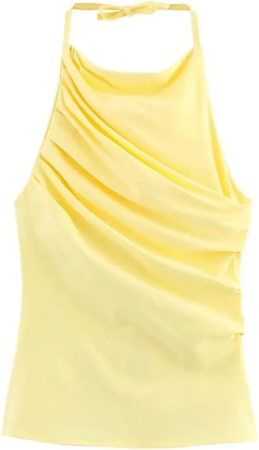Women's Pleated Bow Lace-Up Halter Neck Open Back Slim Fit Solid Vest Holiday Spring Summer Beachwear