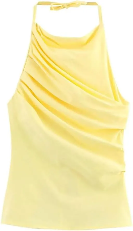 Women's Pleated Bow Lace-Up Halter Neck Open Back Slim Fit Solid Vest Holiday Spring Summer Beachwear
