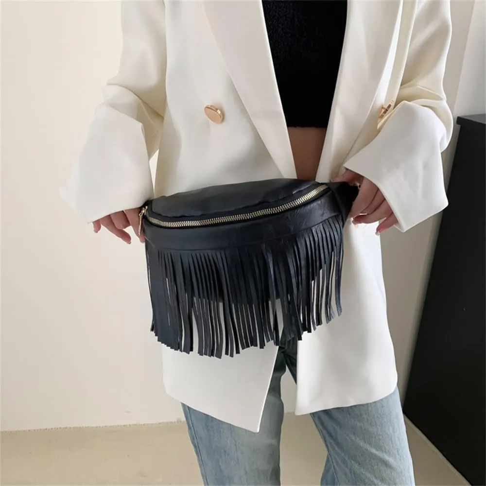 Womens Waist Bag Women Tassel Waist Bag Casual Vintage PU Leather Crossbody Bag for Travel