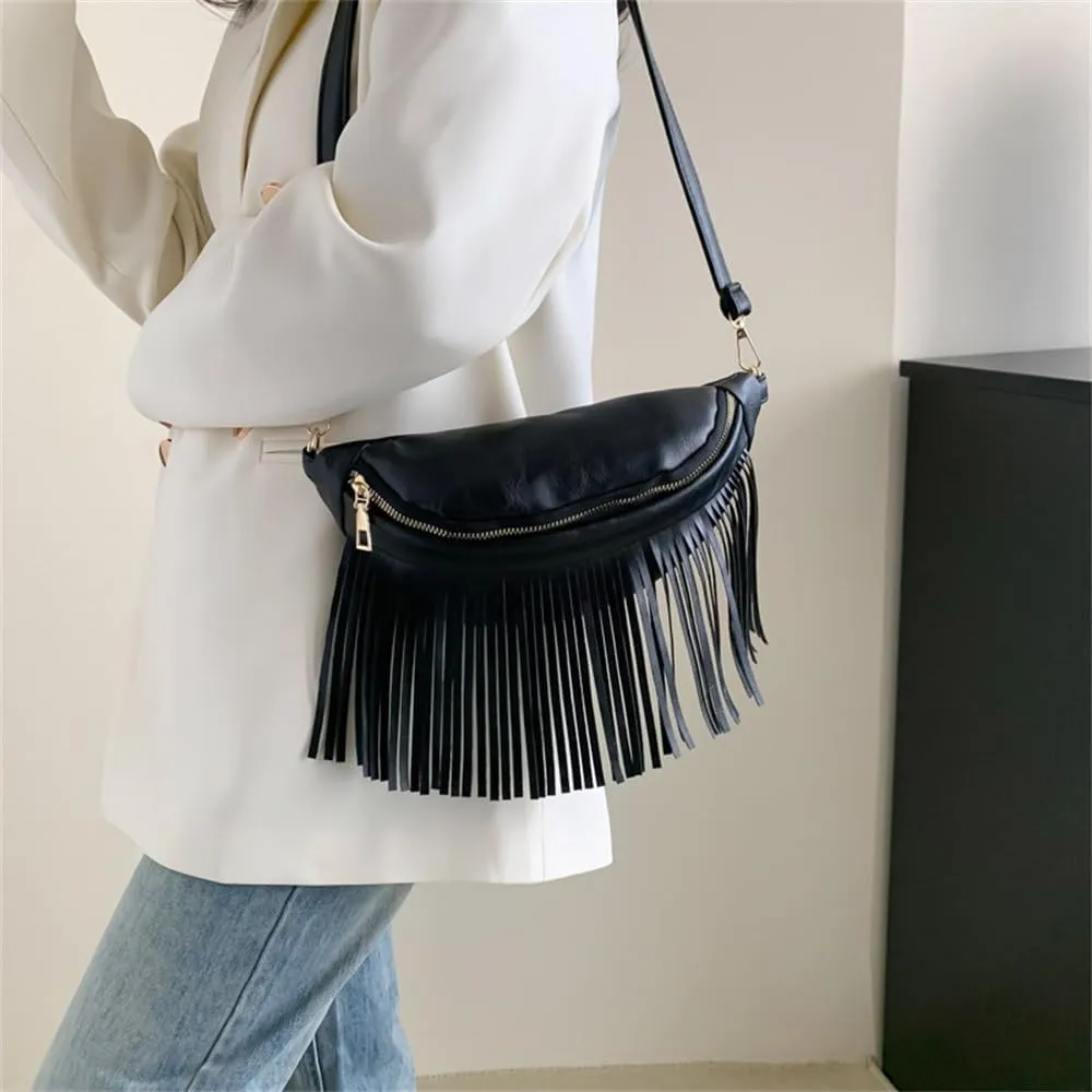 Womens Waist Bag Women Tassel Waist Bag Casual Vintage PU Leather Crossbody Bag for Travel