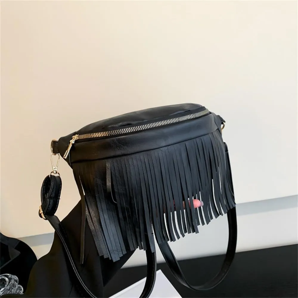 Womens Waist Bag Women Tassel Waist Bag Casual Vintage PU Leather Crossbody Bag for Travel