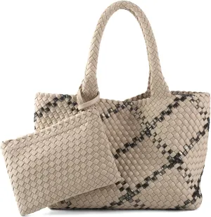 Woven Bag for Women, Large Neoprene Tote Bag Summer Beach Handbag Purse Retro Handmade Travel Shoulder Bag Set