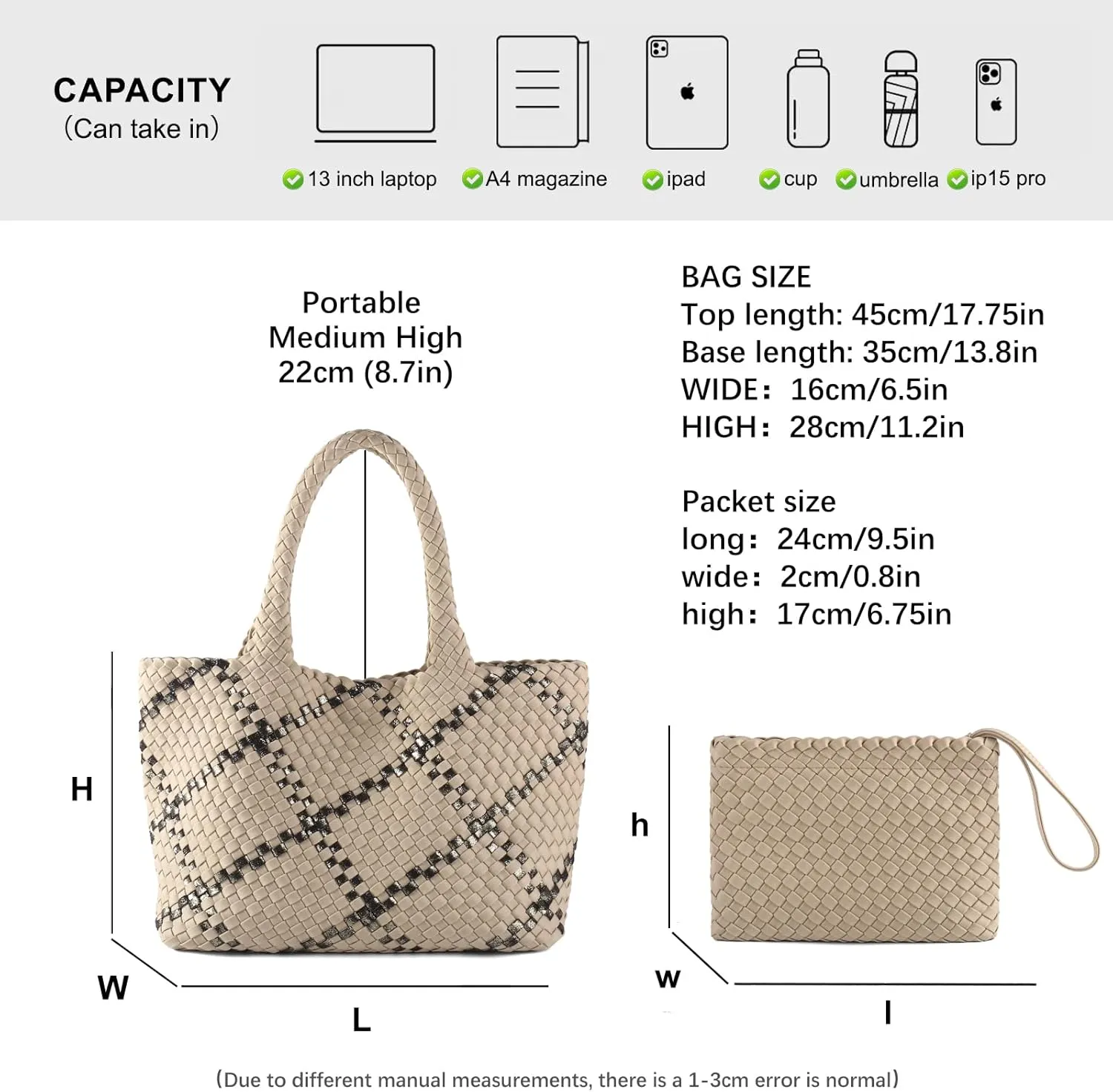 Woven Bag for Women, Large Neoprene Tote Bag Summer Beach Handbag Purse Retro Handmade Travel Shoulder Bag Set