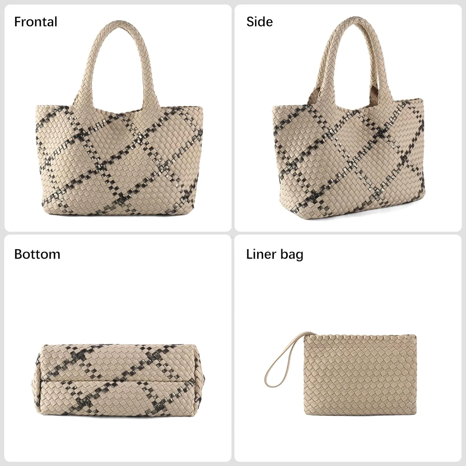 Woven Bag for Women, Large Neoprene Tote Bag Summer Beach Handbag Purse Retro Handmade Travel Shoulder Bag Set