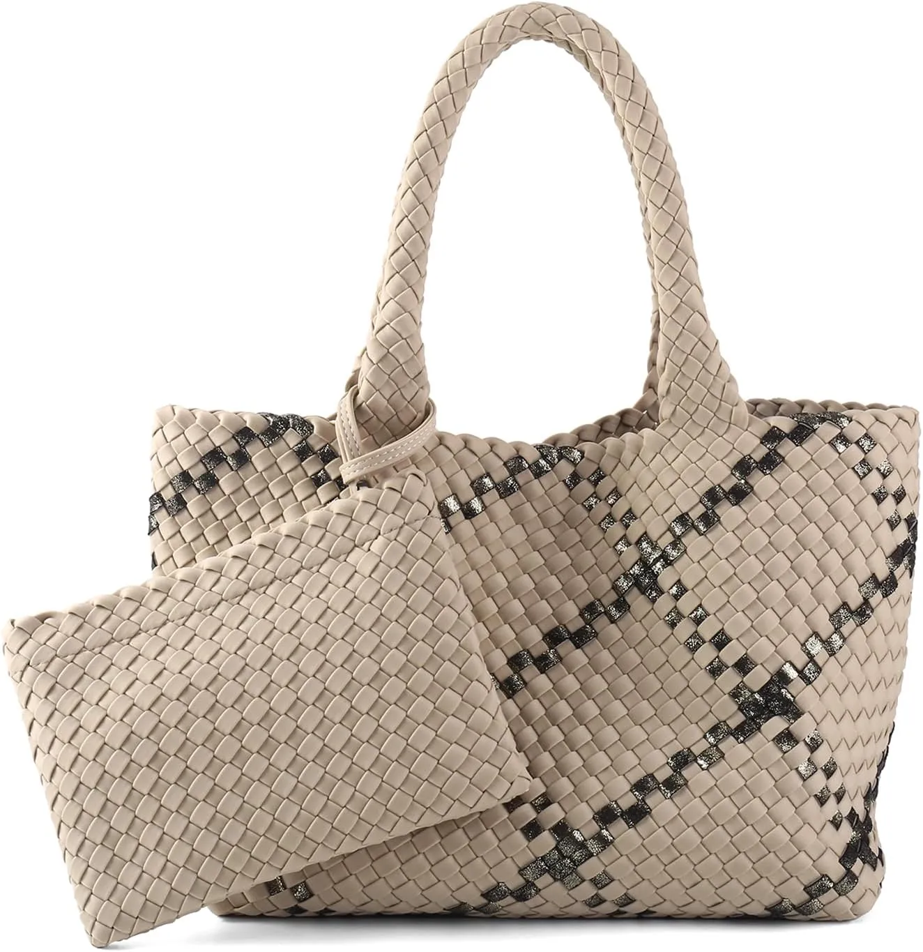 Woven Bag for Women, Large Neoprene Tote Bag Summer Beach Handbag Purse Retro Handmade Travel Shoulder Bag Set