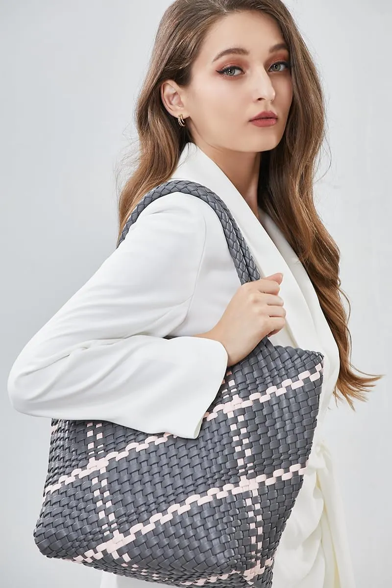 Woven Bag for Women Vegan Leather Tote Bag Large Summer Beach Travel Handbag and Clutch Retro Handmade Shoulder Bag