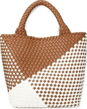 Woven Bag for Women, Vegan Leather Tote Bag Large Summer Beach Travel Handbag and Purse Retro Handmade Shoulder Bag