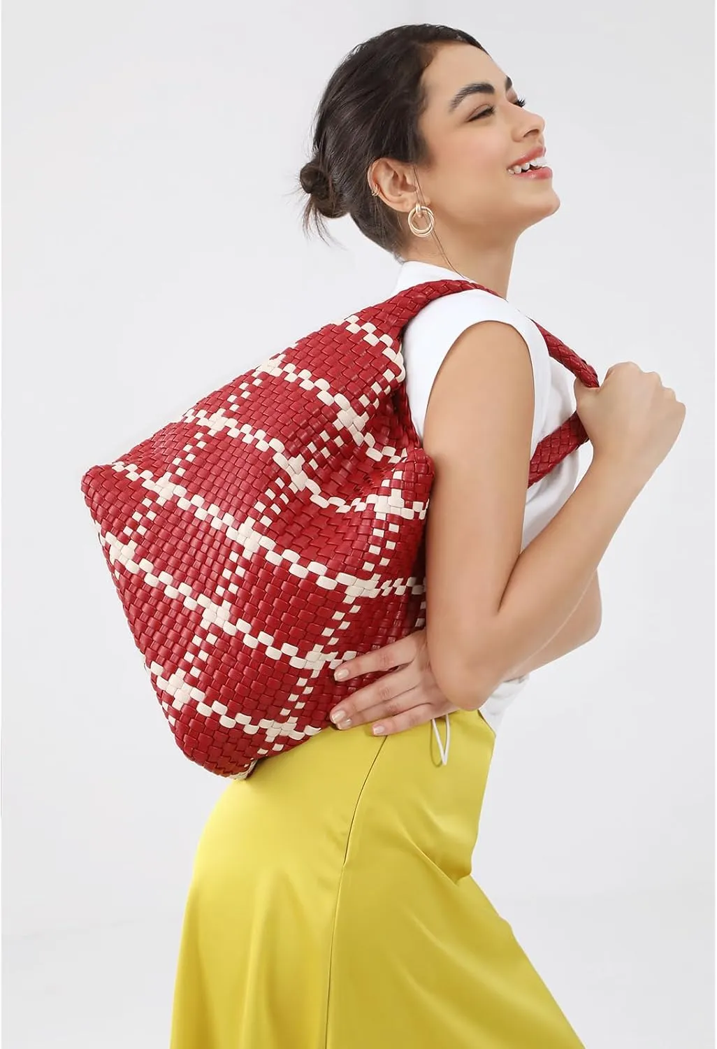 Woven Bag for Women Vegan Leather Tote Bag Large Summer Beach Travel Handbag and Purse Retro Handwoven Shoulder Bag