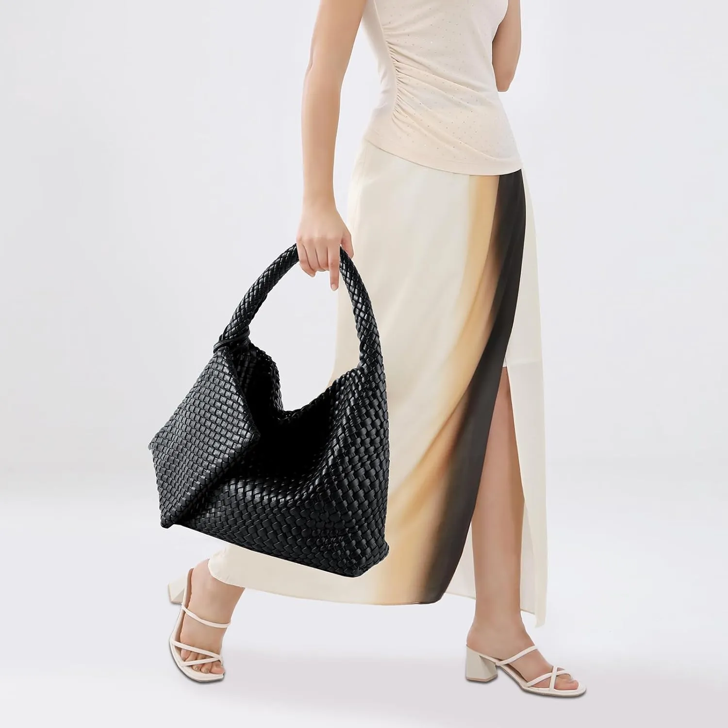 Woven Bag for Women Vegan Leather Tote Bag Large Summer Beach Travel Handbag and Purse Retro Handwoven Shoulder Bag
