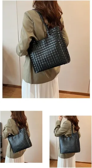 Woven Tote Bag for Women, Faux Leather Fashion Hobo Handbag, Large Capacity Purse Top Handle Shoulder Bag Travel Totes