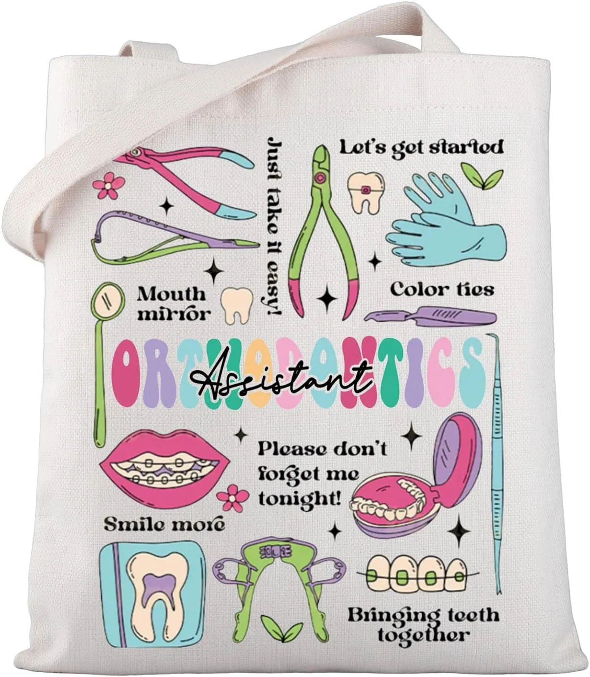 WSNANG Orthodontics Assistant Tote Bag Dental Assistant Shoulder Bag Orthodontic Hygienist Reusable Grocery Bag Dentist Gift