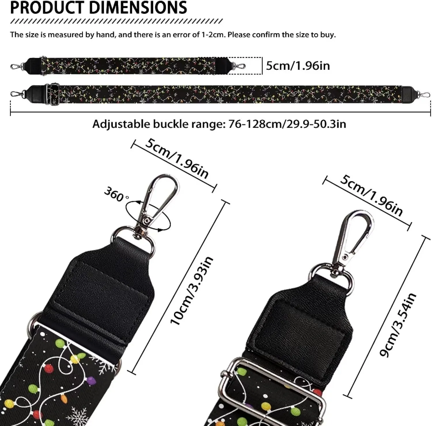 Xmas Snowflake Purse Strap Christmas Colorful Lights Purse Straps Adjustable Replacement Belt for Women Bags,Crossbody Bag,Luggage,Guitar