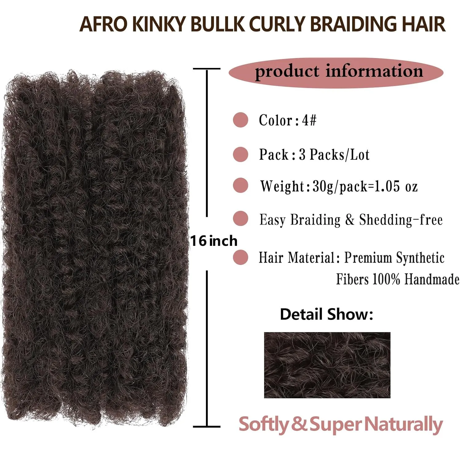 Xtrend 16 Inch 3 Bundles 90g Afro Kinky Curly Braiding Bulk Hair For Mini Braiding Twists，Afro Kinkys Bulk Synthetic Hair For Micro Spring Twist，Dreadlock Extensions Repair Locs Women (30g/pack)