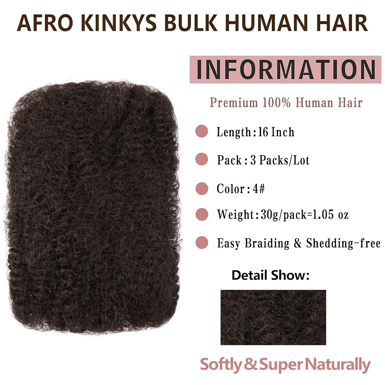 Xtrend 16 Inch Afro Kinkys Bulk Human Hair 3 Packs 90g For Mini Braiding Twists，Dreadlocks Extensions ，Repair Locs，Kinky Curly Hair Bundles, Afro Kinky Human Hair For Micro Twist Braiding 4#