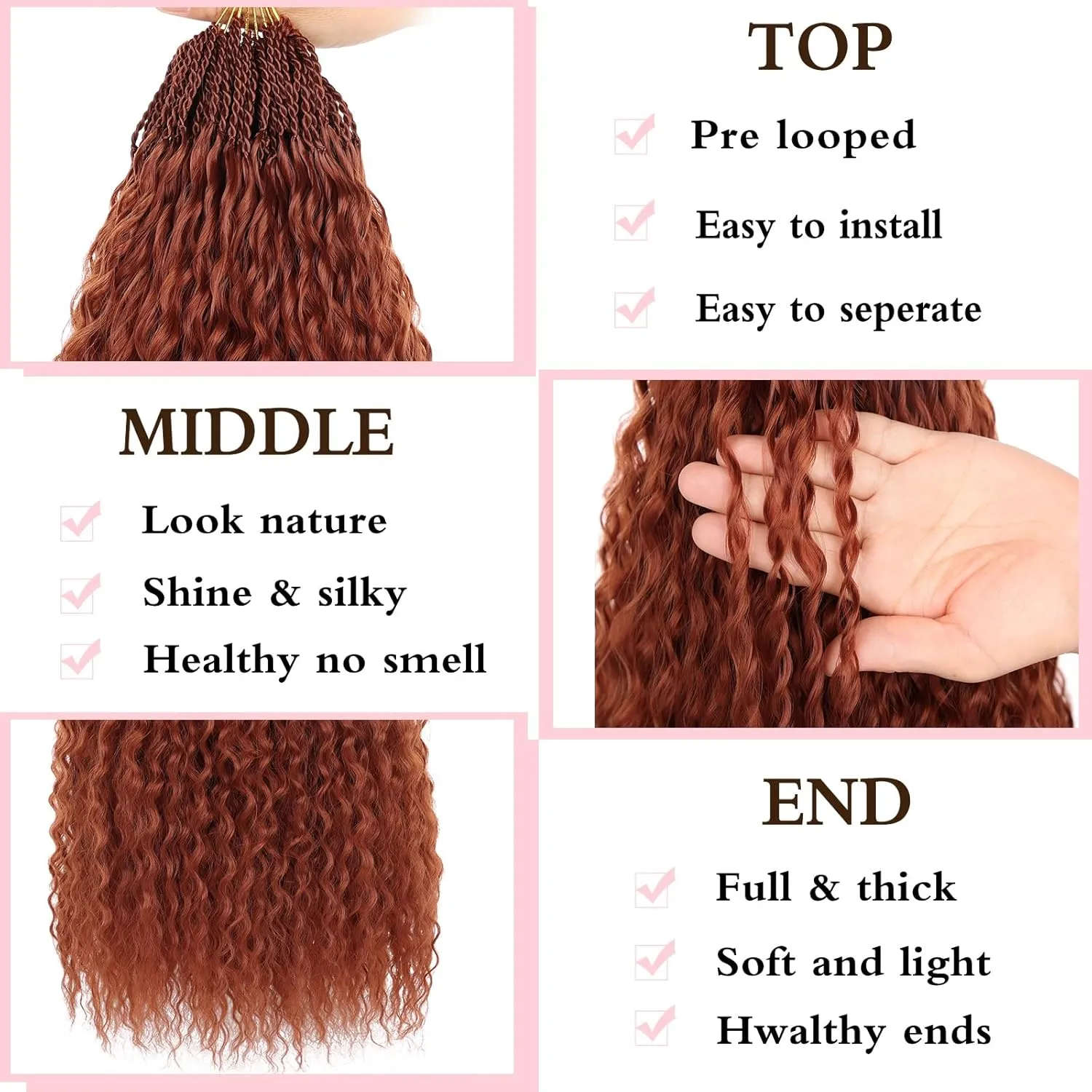 Xtrend 8 Packs Ginger Brazilian Braid Kinky Curly Crochet Hair 18 Inch Pre Looped Micro Curly Crochet Hair Extensions Water Wave Synthetic Deep Wave Crochet Hair For Black Women(30Strands/Pack，350#)