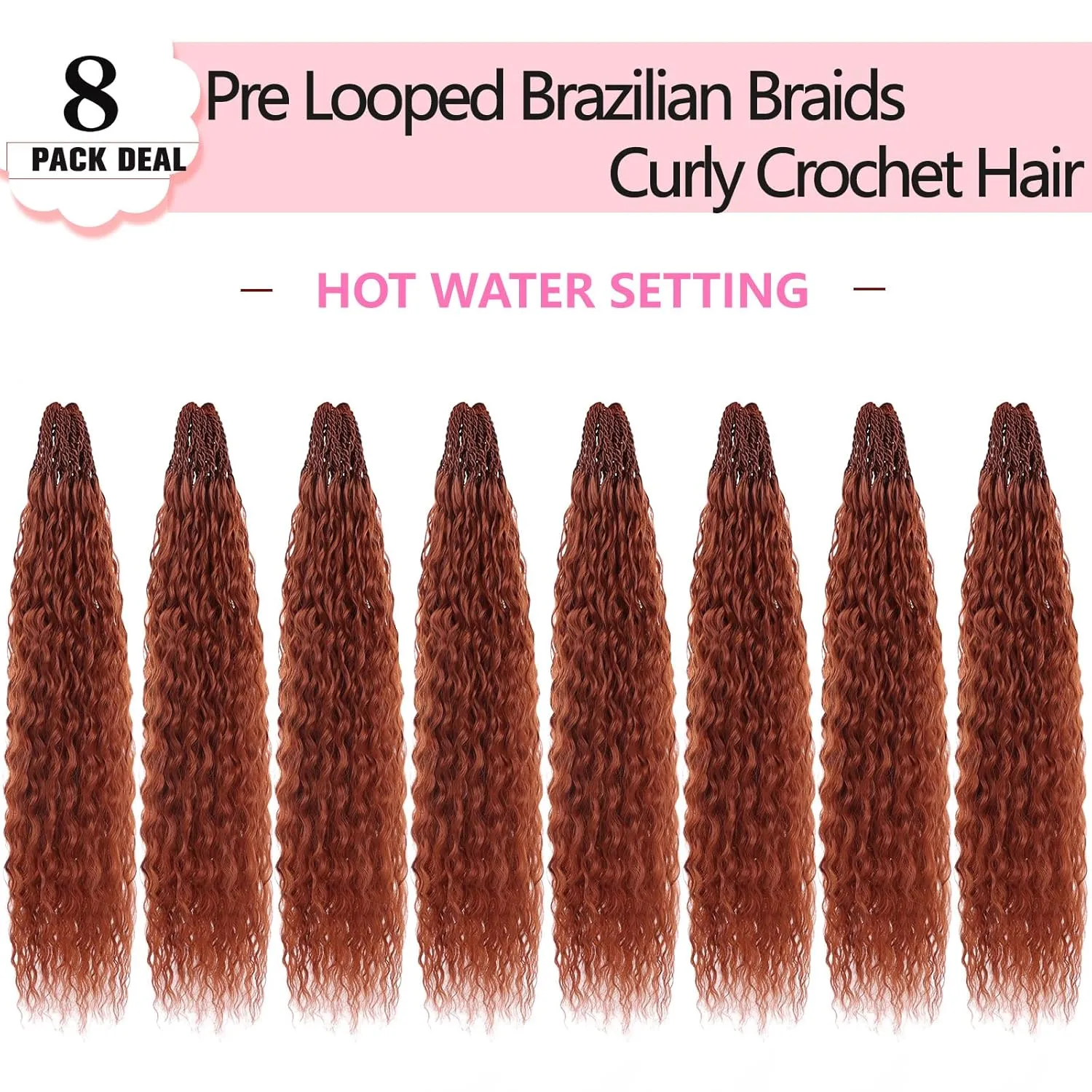 Xtrend 8 Packs Ginger Brazilian Braid Kinky Curly Crochet Hair 18 Inch Pre Looped Micro Curly Crochet Hair Extensions Water Wave Synthetic Deep Wave Crochet Hair For Black Women(30Strands/Pack，350#)