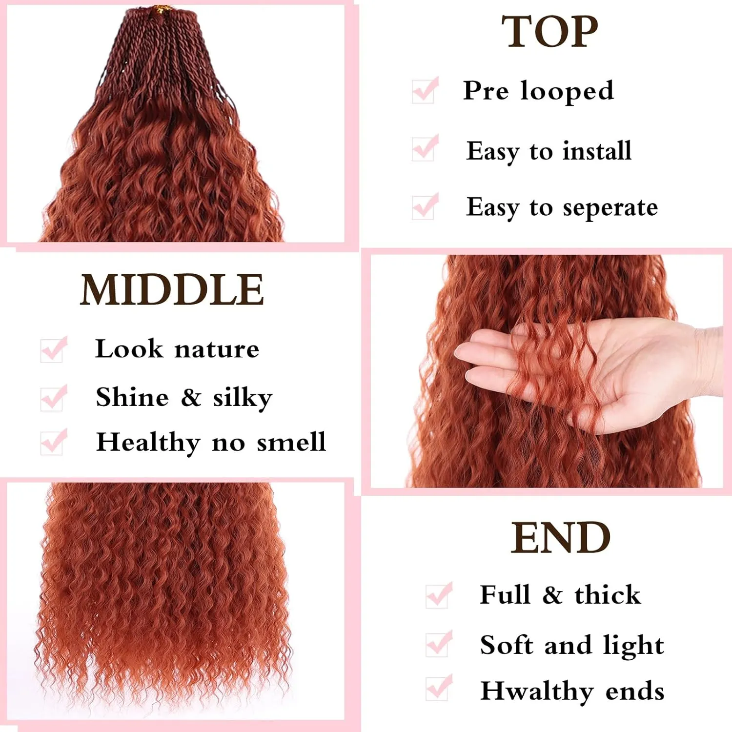 Xtrend Ginger Pre Looped Micro Brazilian Kinky Curly Crochet Hair 8 Packs 24 Inch Micro Curly Braiding Hair Extensions Synthetic Deep Wave For Mini Senegalese Twist Hair For Boho(30 Strands/Pack，350#)