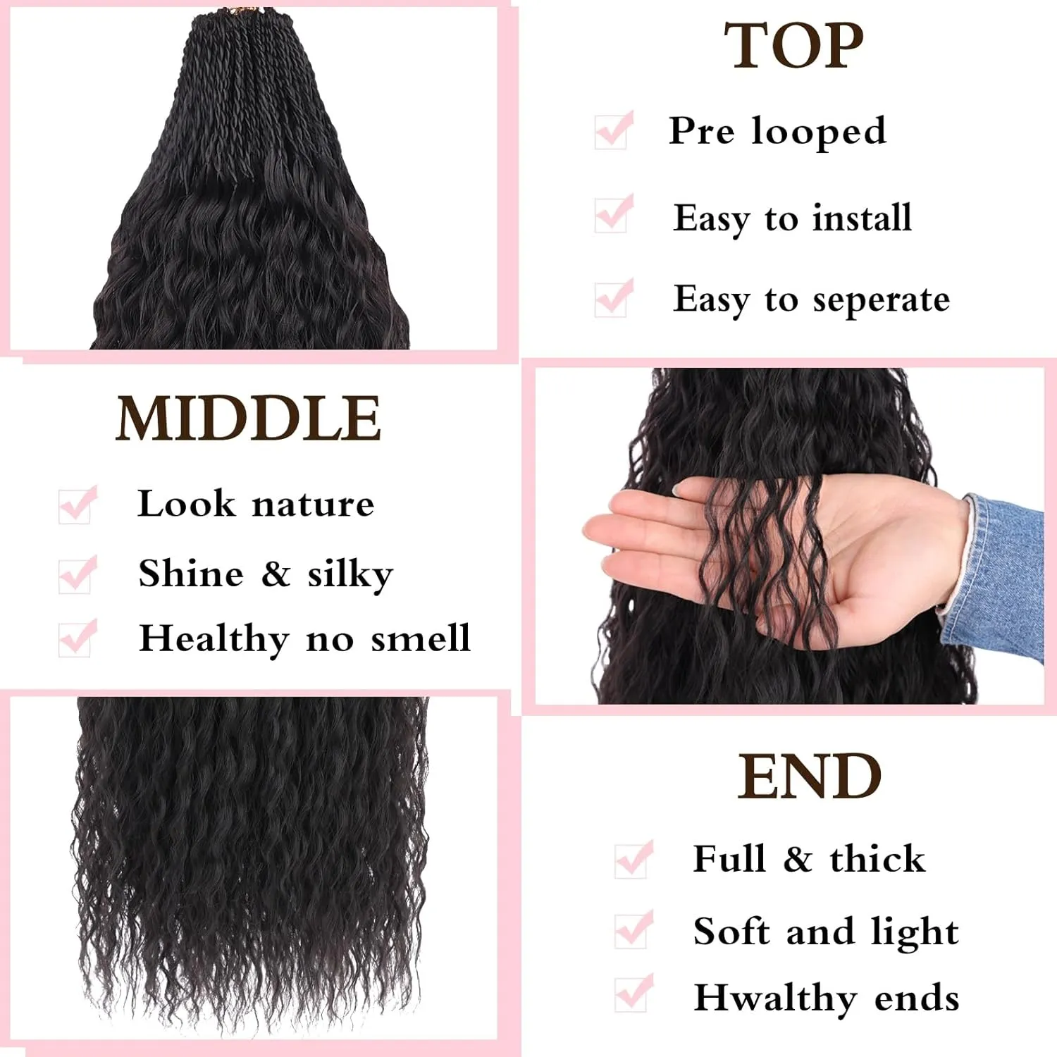 Xtrend Pre Looped Micro Brazilian Kinky Curly Crochet Hair 24 Inch 8 Packs Black Micro Curly Braiding Hair Extensions Synthetic Deep Wave For Mini Senegalese Twist Hair For Boho (30 Strands/Pack，1B#)