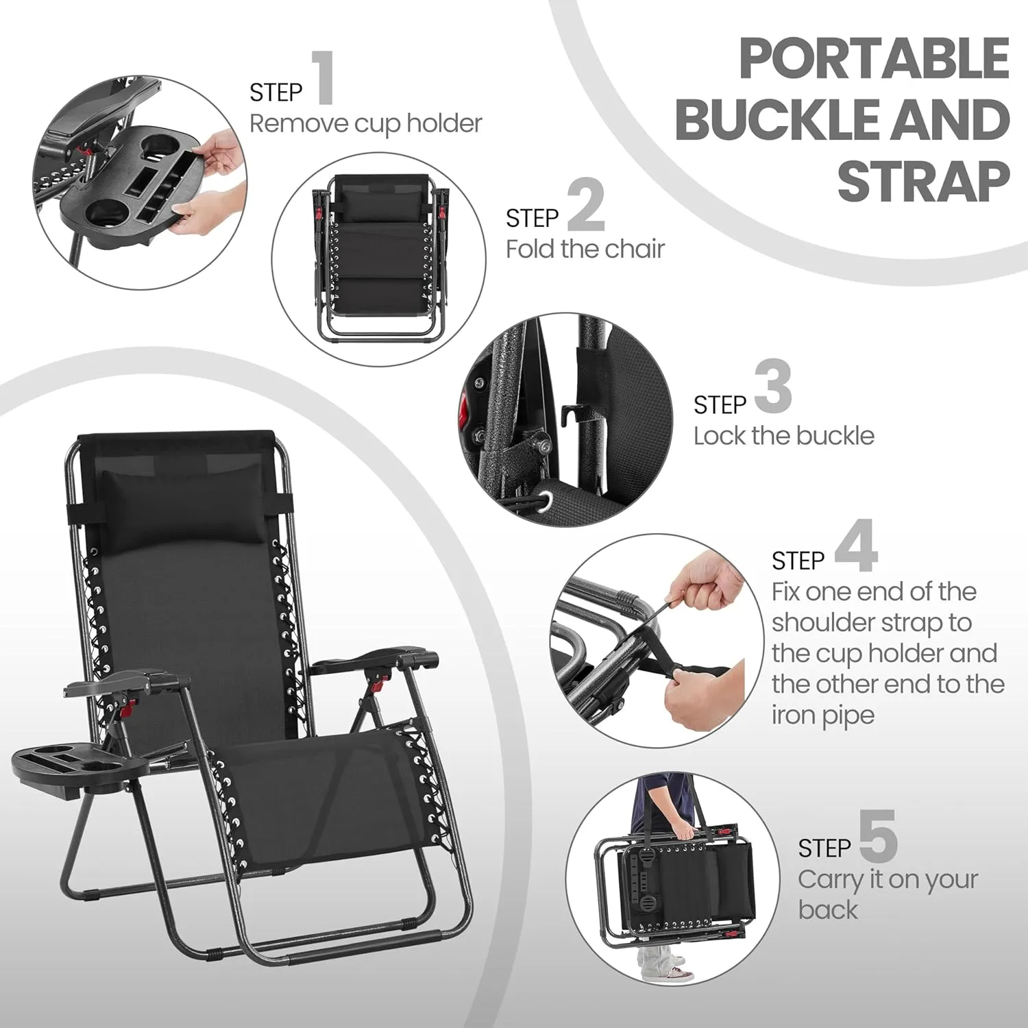 Yaheetech 29inch Zero Gravity Chairs w/Pillows & Cup Holder & Carry Strap Outdoor Patio Adjustable Foldable Reclining Lounge Recliners for Lawn Poolside Beach Black/1