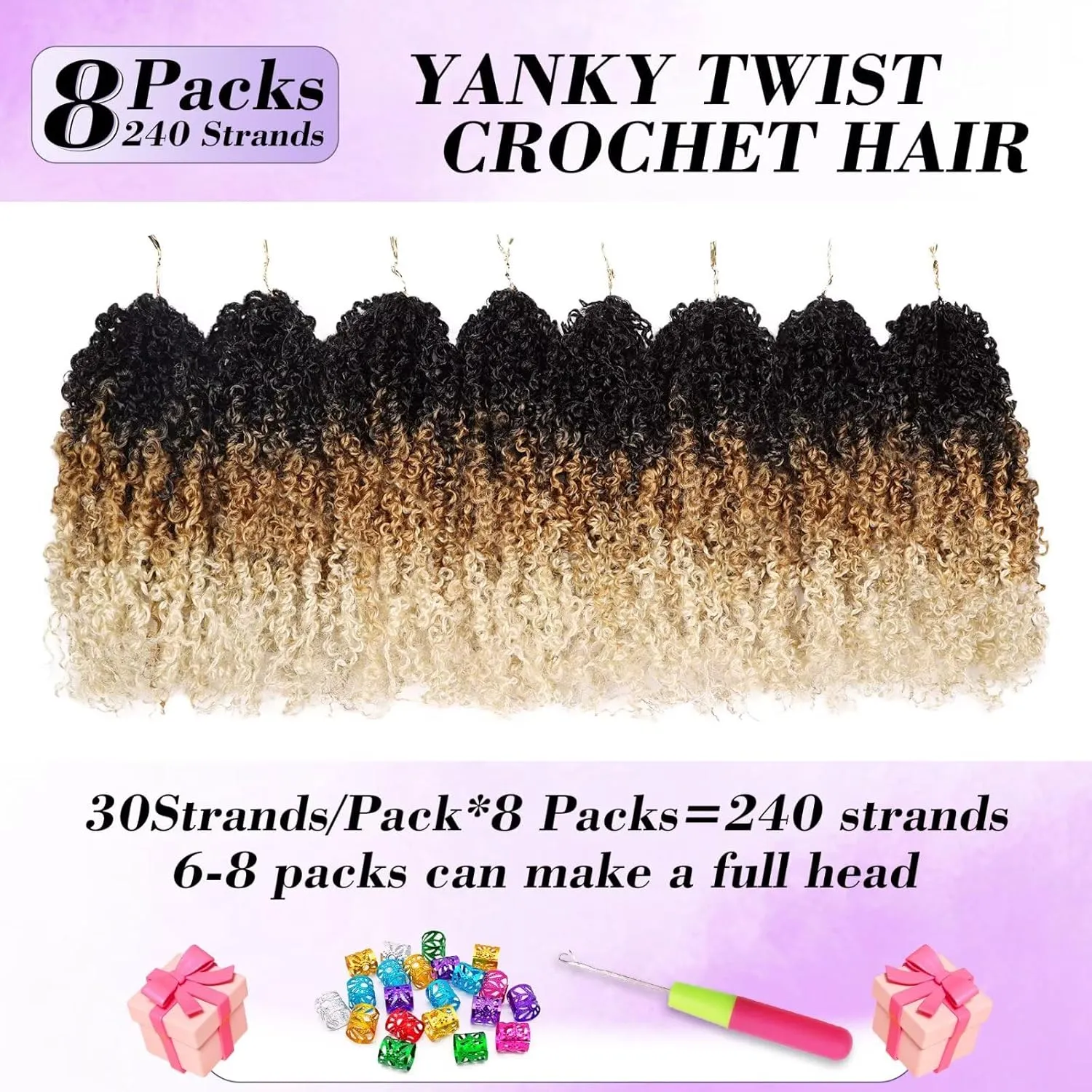 Yanky Twist Crochet Hair for black women 14 Inch 8 Packs 30 Stands/Pc,Pre-looped Fluffy Spring Mini Twist Passion Twist 3 Tones Ombre Blonde Synthetic Crochet Braids Braiding Hair(14Inch, OT27/613-8P)