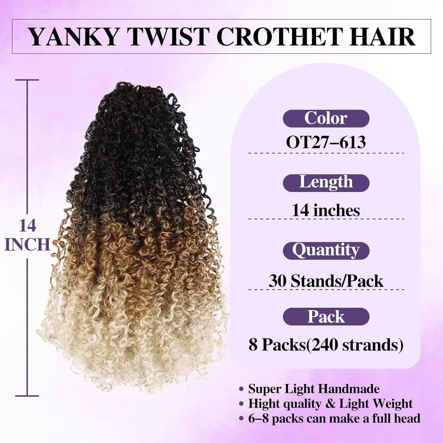 Yanky Twist Crochet Hair for black women 14 Inch 8 Packs 30 Stands/Pc,Pre-looped Fluffy Spring Mini Twist Passion Twist 3 Tones Ombre Blonde Synthetic Crochet Braids Braiding Hair(14Inch, OT27/613-8P)