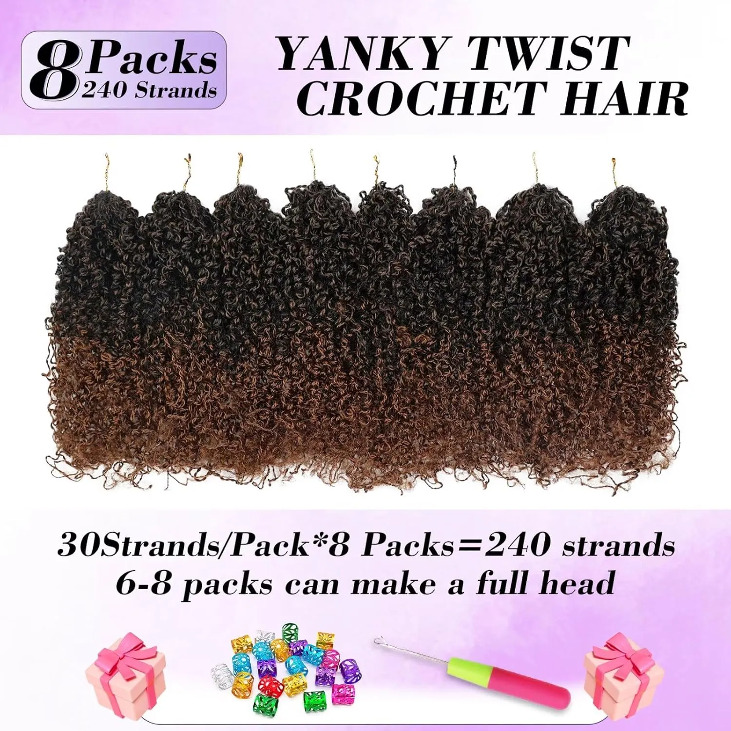 Yanky Twist Crochet Hair for black women 14 Inch 8 Packs 30 Stands/Pc,Pre-looped Fluffy Spring Mini Twist Passion Twist Ombre Brown Synthetic Crochet Braids Braiding Hair(14 Inch, T30-8P)