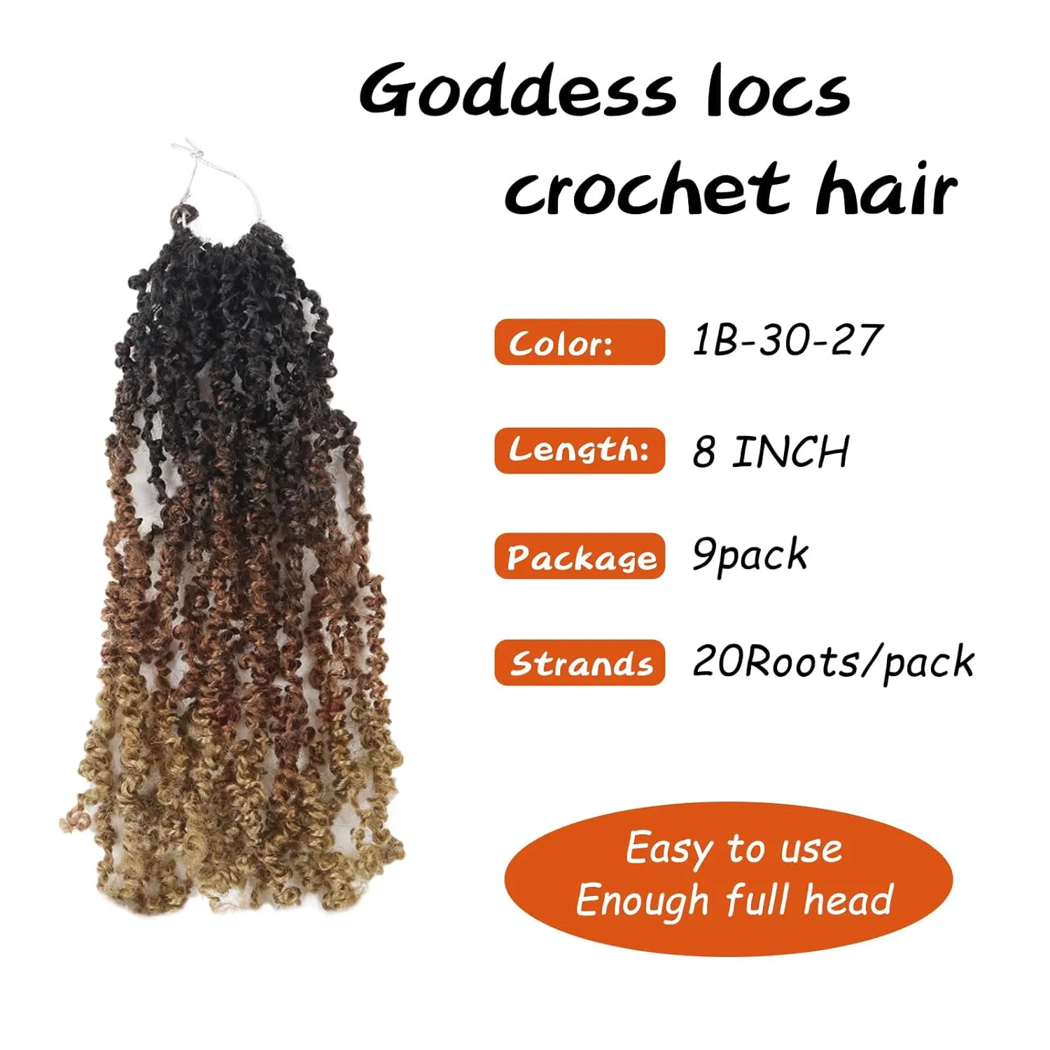 Yanky Twist Crochet Hair Yaki Pre-looped Twist Brown Spring Mini Crochet Hair 8 Inch 9 Packs Passion Twist With Curls Synthetic Braiding Hair Extensions (T1B/30/27)