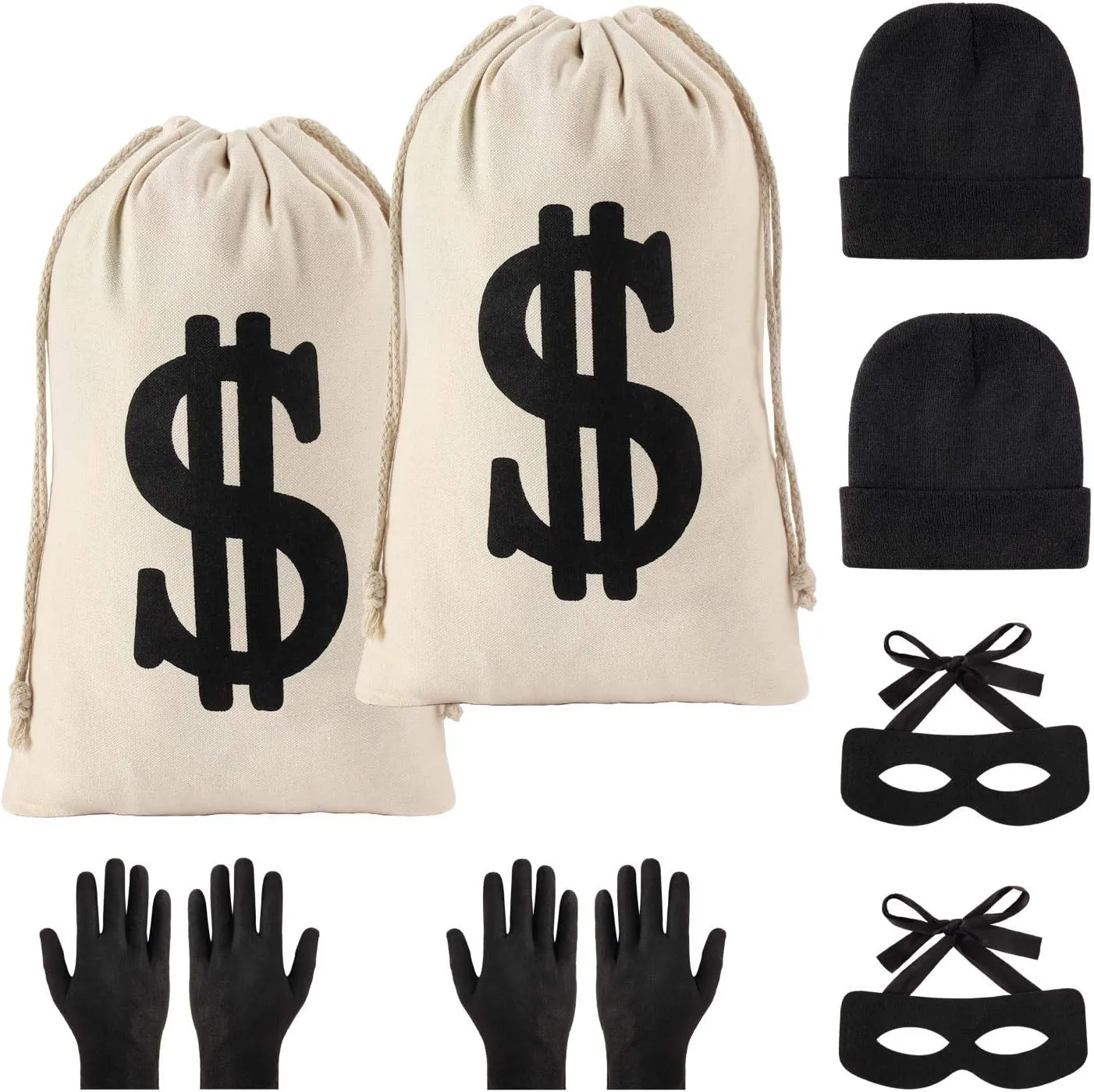 YAROMO 8 Pieces Robber Costume Set, Include Canvas Dollar Sign Money Bags Bandit Eye Mask Knit Beanie Cap for Halloween Cosplay Burglar Theme Party