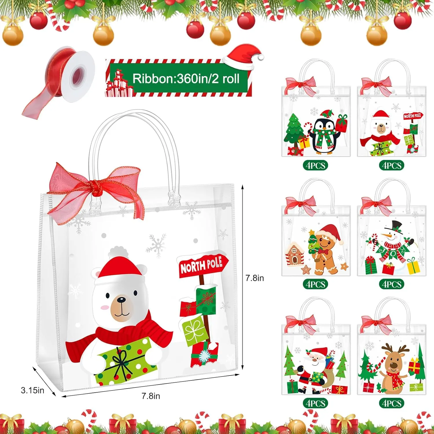 YIDAKO 24Pcs Christmas Clear Gift Bags Plastic Totes Bags With Handles Bow Ribbon For Candy Treat Goodie And Party Favors Elk Snowman Santa Gift Bags For Christmas Decorations, 7.8 * 7.8 * 3.15 inch