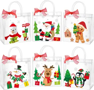 YIDAKO 24Pcs Christmas Clear Gift Bags Plastic Totes Bags With Handles Bow Ribbon For Candy Treat Goodie And Party Favors Elk Snowman Santa Gift Bags For Christmas Decorations, 7.8 * 7.8 * 3.15 inch
