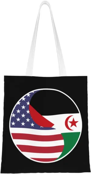 Yin Yang Flag Combination Of America And The Sahrawi Arab Democratic Republic Tote Bag for Women Canvas Shopping Bags Reusable Beach Bag Grocery Bags Tote Shoulder Bag Gift Bags