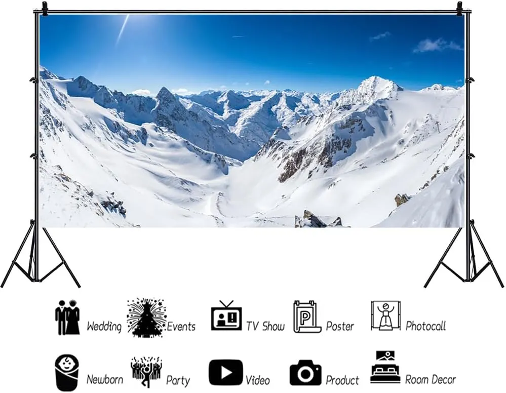 YongFoto 20x10ft Winter Backdrop Snow Ice Mountain Alpine Blue Sky Nature Wonderland Landscape Photography Backgound Outdoor Adventure Xmas New Year Party Decor Kids Adult Portrait Photo Studio Props