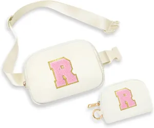 YOOLIFE Initial Crossbody Bag for Girls - Monogrammed Fanny Pack Belt Bag Purse for Teens, Women - Gifts for Daughter, Sister, Kids - White R