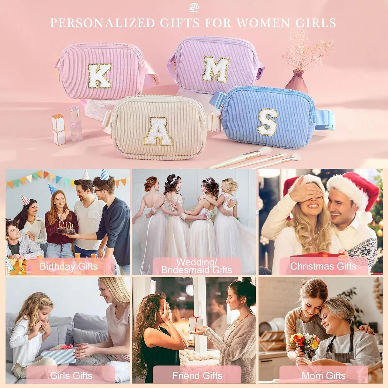 YOOLIFE Teen Girl Gifts Trendy Stuff, Belt Bag for Girls Kids, Birthday Gifts for Sister Daughter Teenage Girls Gift Monogram Small Pink Belt Bag Fanny Pack Crossbody Bags for Teens Girl Kids (Pink P)