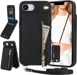 Ysnzaq Crossbody Lanyard Zipper Wallet Case for iPhone 16e, Detachable Neck Strap Magnetic Bracket with Card Holder Phone Cover for iPhone 16e ZYXK Black