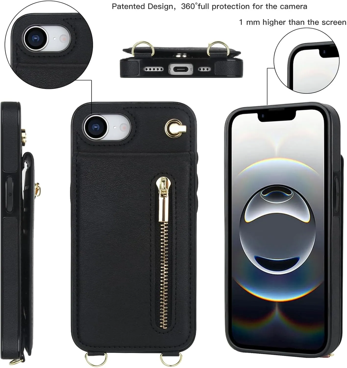Ysnzaq Crossbody Lanyard Zipper Wallet Case for iPhone 16e, Detachable Neck Strap Magnetic Bracket with Card Holder Phone Cover for iPhone 16e ZYXK Black