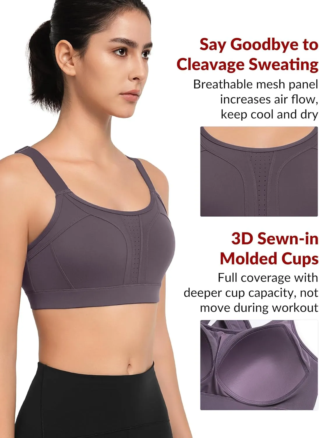 Yvette Sports Bra High Impact Adjustable Criss Cross Back, Full Support for Large Bust No Bounce