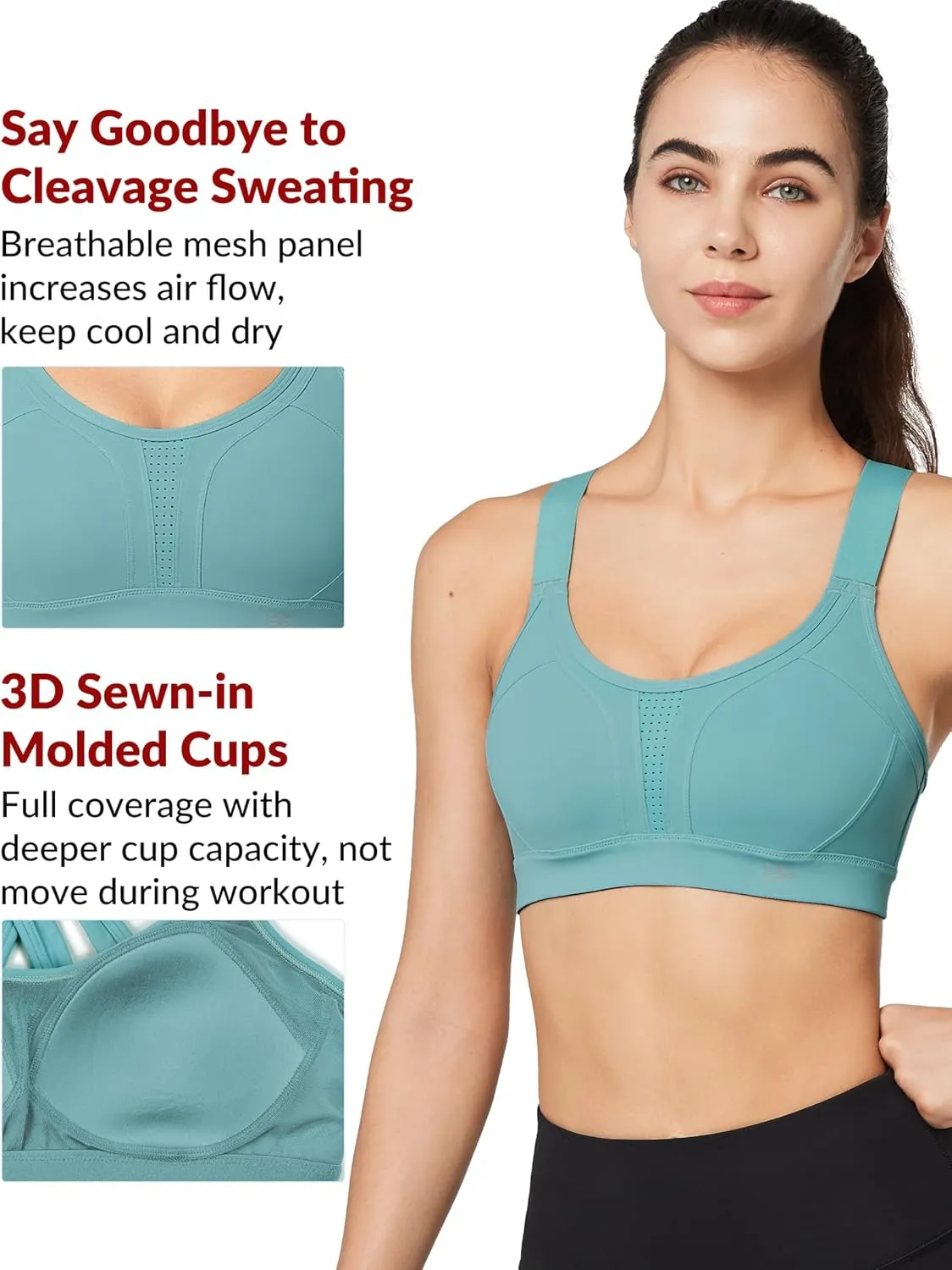 Yvette Sports Bra High Impact Adjustable Criss Cross Back, Full Support for Large Bust No Bounce