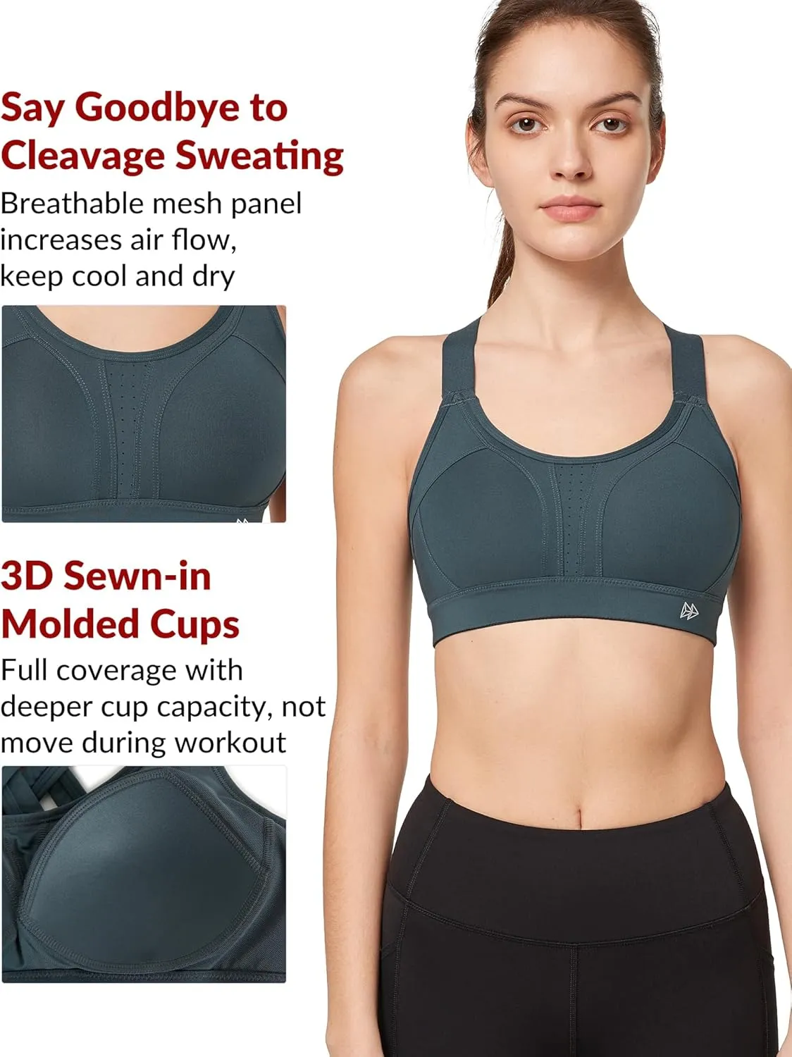 Yvette Sports Bra High Impact Adjustable Criss Cross Back, Full Support for Large Bust No Bounce