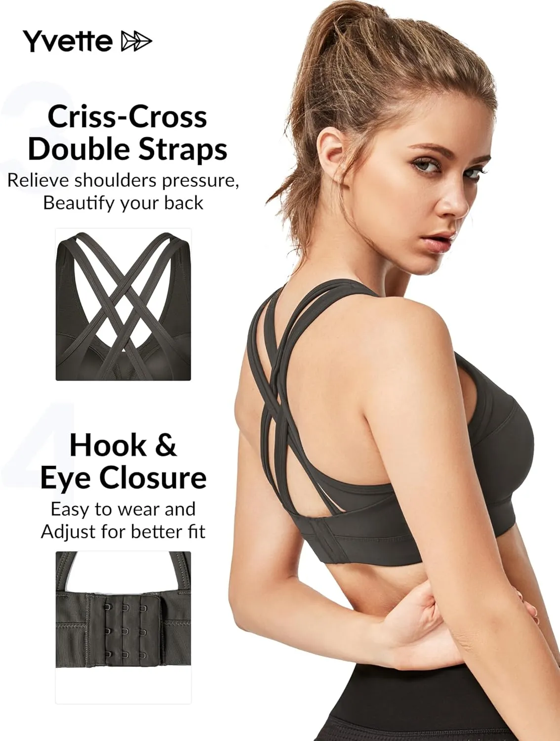 Yvette Women High Impact Sports Bras Criss Cross Back Sexy Running Bra for Plus Size
