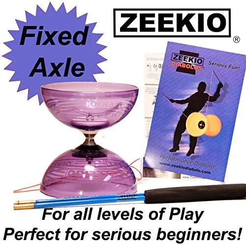 Zeekio Crystal Series Master Spin Diabolo - Fixed Axle, Durable Transparent cups, Comes with Sticks, String and Instructions - (Purple)